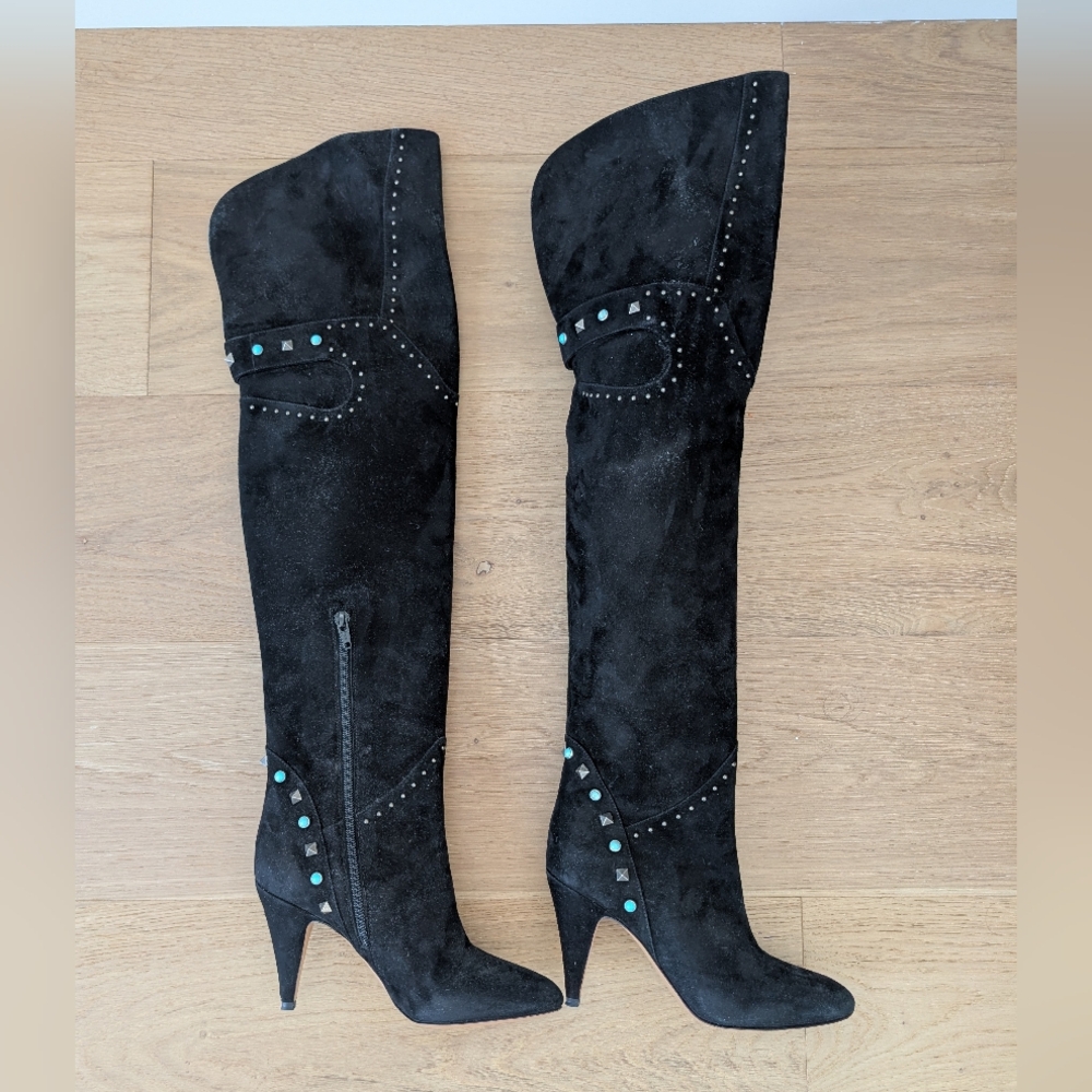 Valentino Black Suede Rockstud Over-the-Knee Studded Boots Size 36